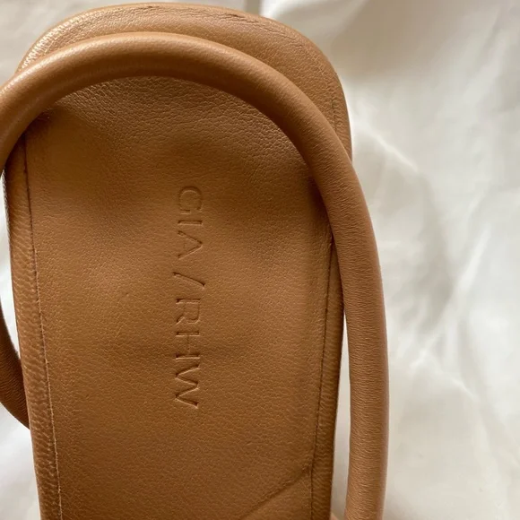 Gia Borghini Tan Strappy Square-Toe Heels with Gold Flared Heel - Picture 9 of 10